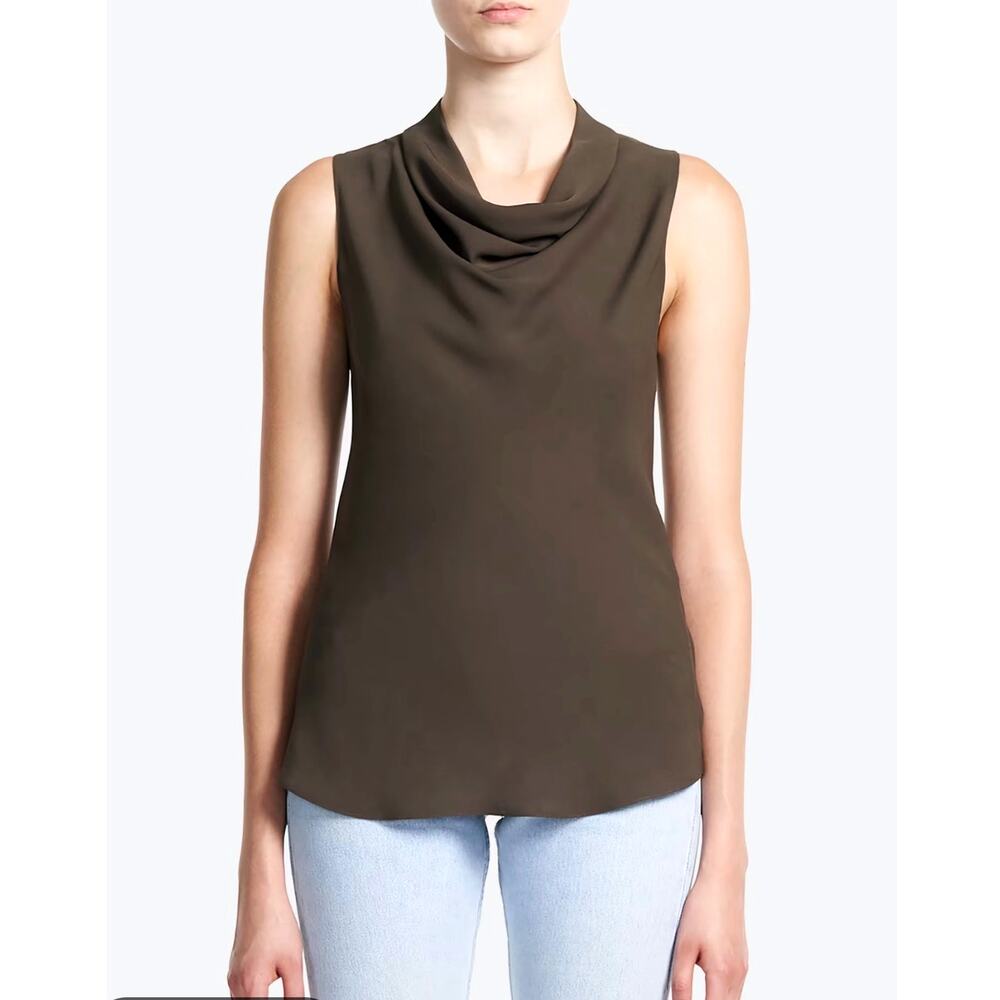 Theory Womens L 100% Silk Cowl Neck Sleeveless Blouse Top Brown Classic
